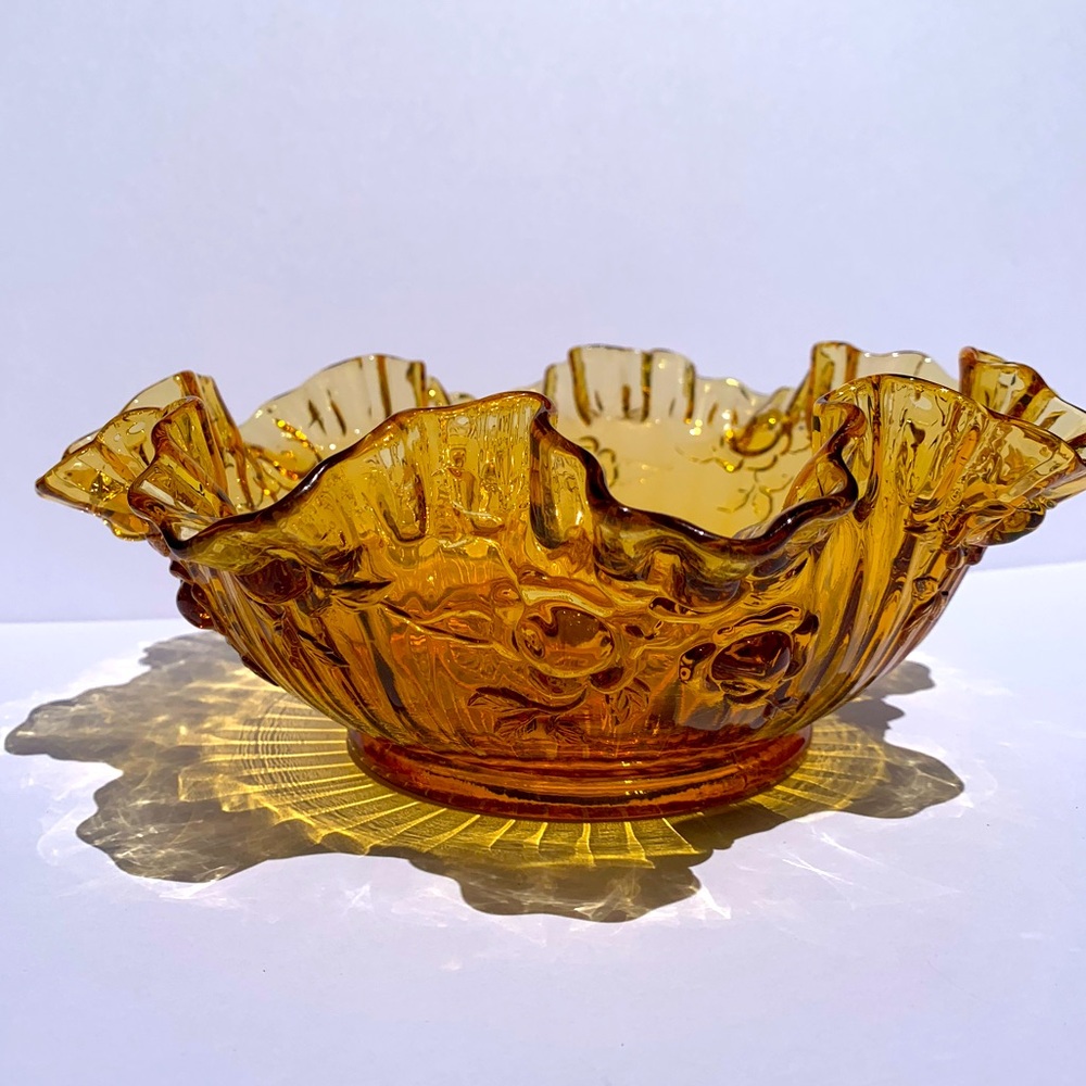 VTG Fenton Amber Glass Ruffled/Thumbprint Edge 9"x3.5" Bowl Cabbage Rose Pattern